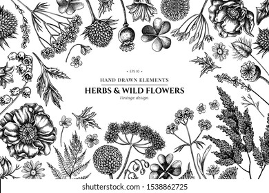 Floral design with black and white shepherd's purse, heather, fern, wild garlic, clover, globethistle, gentiana, astilbe, craspedia, lagurus, black caraway, chamomile, dandelion, poppy flower, lily of