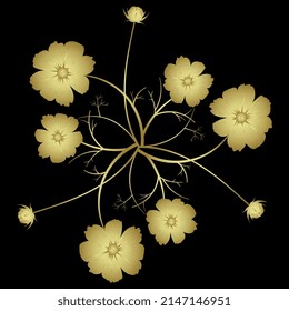 Floral design with blooming branches of cosmos flower. Golden glossy silhouette on black background.