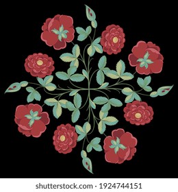 Floral design with blooming branches of red roses. Vintage style.