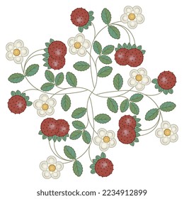 Floral design with blooming branches of strawberry plant with flowers and ripe berries. Isolated vector illustration.