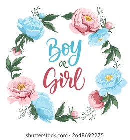 Floral design with blue and pink elements for gender reveal party decoration Girl or boy celebration theme illustration