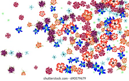 Floral Design. Bright Background with Flowers for Postcard, Brochure, Greeting Card, Banner, Book Cover. Simple Blossoms on White Field.
