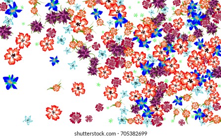 Floral Design. Bright Background with Flowers for Postcard, Brochure, Greeting Card, Banner, Book Cover. Simple Blossoms on White Field.