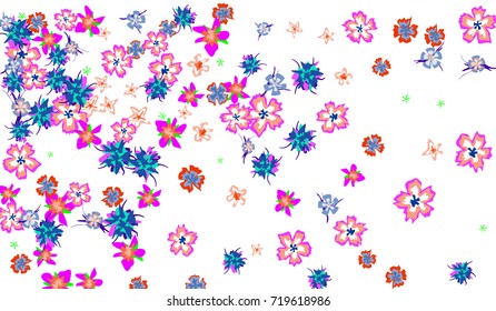 Floral Design. Bright Background with Flowers for Postcard, Brochure, Greeting Card, Banner, Book Cover. Simple Blossoms on White Field.
