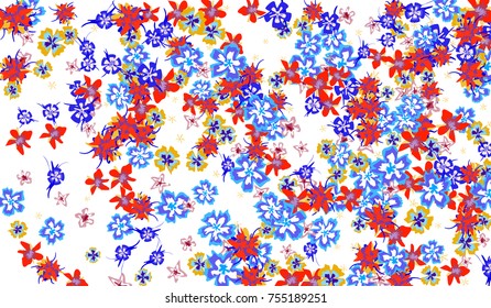 Floral Design. Bright Background with Flowers for Postcard, Brochure, Greeting Card, Banner, Book Cover. Simple Blossoms on White Field.