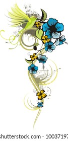 Floral design with a bunch of flowers and a humming bird, vector illustration series.