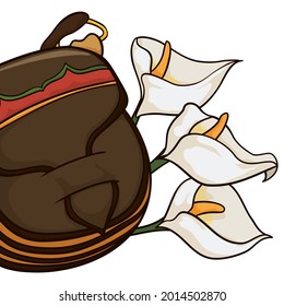 Floral design with calla lilies and Colombian carriel flag in cartoon style over white background.