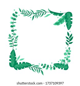 Floral design card with green eucalyptus, tropical leaves. Beautiful greeny frame. Vector illustration for wedding invitation, ad, and social media.