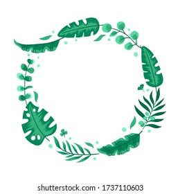 Floral design card with green eucalyptus, tropical, and olive leaves. Circle wreath beautiful cute frame. Vector greeny illustration for wedding invitation, ad, and social media.