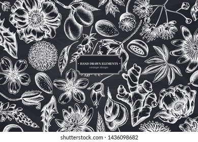 Floral design with chalk almond, dandelion, ginger, poppy flower, passion flower, tilia cordata