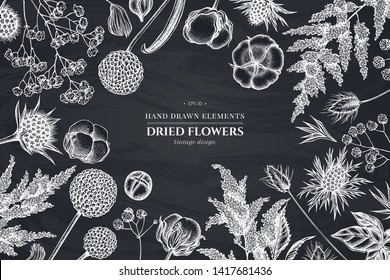 Floral design with chalk astilbe, craspedia, blue eryngo, lagurus, cotton, gypsophila
