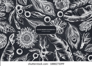 Floral design with chalk banana palm leaves, hibiscus, solanum, bromeliad, peacock feathers, protea