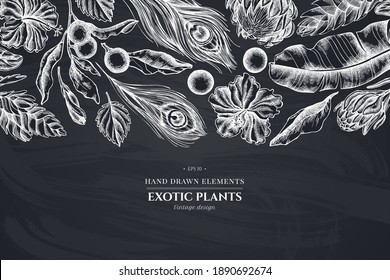 Floral design with chalk banana palm leaves, hibiscus, solanum, bromeliad, peacock feathers, protea