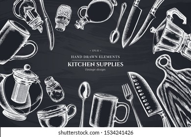 Floral design with chalk Chef s knifes, teaspoon, spoon, fork, knife, cutting board, bottle of oil, teapots, coffee pot, cups, sugar bowl, pepper shaker, salt shaker