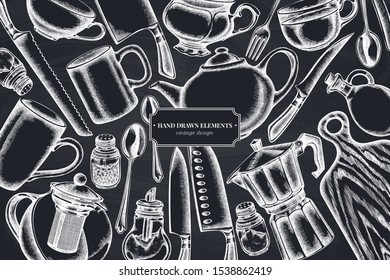 Floral design with chalk Chef's knifes, teaspoon, spoon, fork, knife, cutting board, bottle of oil, teapots, coffee pot, cups, sugar bowl, pepper shaker, salt shaker