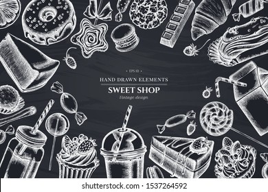 Floral design with chalk cinnamon, macaron, lollipop, bar, candies, oranges, buns and bread, croissants and bread, strawberry, milk boxes, smoothie cup, lollipop, smothie jars, cheesecake, eclair