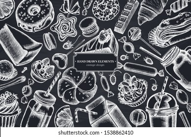 Floral design with chalk cinnamon, macaron, lollipop, bar, candies, oranges, buns and bread, croissants and bread, strawberry, milk boxes, smoothie cup, lollipop, smothie jars, cheesecake, eclair