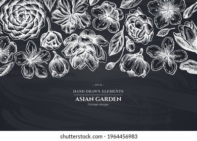 Floral design with chalk hibiscus, plum flowers, peach flowers, sakura flowers, magnolia flowers, camellia japonica