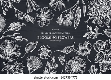 Floral design with chalk japanese chrysanthemum, blackberry lily, eucalyptus flower, anemone, iris japonica, sakura