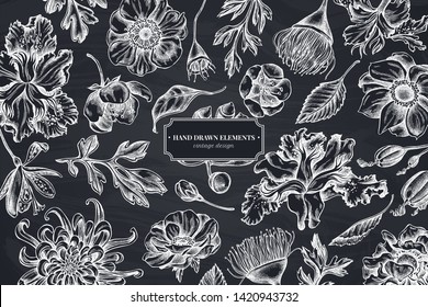 Floral design with chalk japanese chrysanthemum, blackberry lily, eucalyptus flower, anemone, iris japonica, sakura