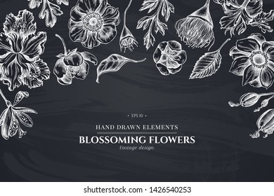 Floral design with chalk japanese chrysanthemum, blackberry lily, eucalyptus flower, anemone, iris japonica, sakura