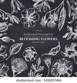 Floral design with chalk japanese chrysanthemum, blackberry lily, eucalyptus flower, anemone, iris japonica, sakura