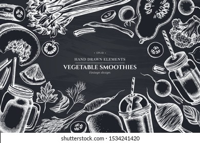 Floral design with chalk lemons, broccoli, radish, green beans, cherry tomatoes, beet, greenery, carrot, basil, pumpkin, smoothie cup, smothie jars, cucumber, celery