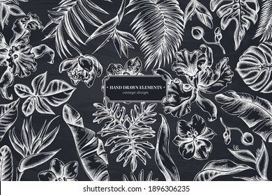 Floral design with chalk monstera, banana palm leaves, strelitzia, heliconia, tropical palm leaves, orchid