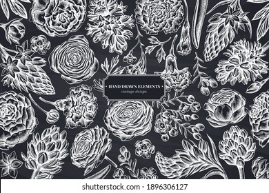 Floral design with chalk peony, carnation, ranunculus, wax flower, ornithogalum, hyacinth