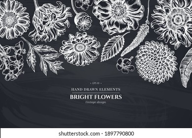 Floral design with chalk poppy flower, gerbera, sunflower, milkweed, dahlia, veronica