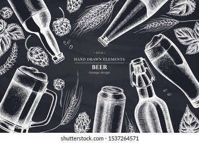 Floral design with chalk rye, hop, mug of beer, bottles of beer, aluminum can