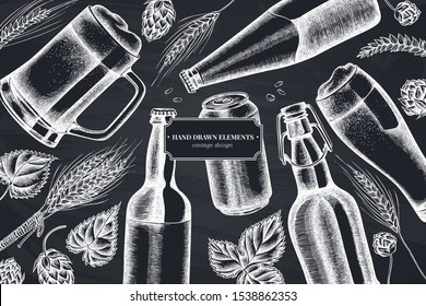 Floral design with chalk rye, hop, mug of beer, bottles of beer, aluminum can