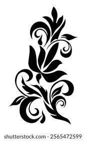 Floral Design A classic black and white floral design element featuring elegant, curved leaves and intricate detailing. Ornamental Perfect for use in decorative borders, logos