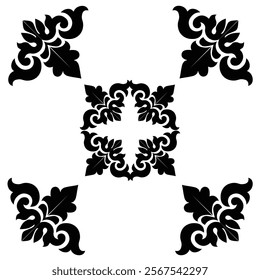 Floral Design A classic black and white floral design element featuring elegant, curved leaves and intricate detailing. Ornamental Perfect for use in decorative borders, logos