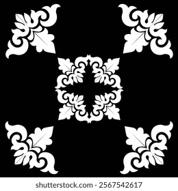 Floral Design A classic black and white floral design element featuring elegant, curved leaves and intricate detailing. Ornamental Perfect for use in decorative borders, logos