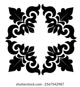 Floral Design A classic black and white floral design element featuring elegant, curved leaves and intricate detailing. Ornamental Perfect for use in decorative borders, logos