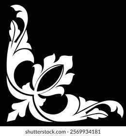 Floral Design A classic black and white floral design element featuring elegant, curved leaves and intricate detailing. Ornamental Perfect for use in decorative borders, logos