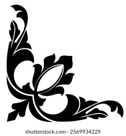 Floral Design A classic black and white floral design element featuring elegant, curved leaves and intricate detailing. Ornamental Perfect for use in decorative borders, logos