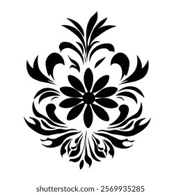 Floral Design A classic black and white floral design element featuring elegant, curved leaves and intricate detailing. Ornamental Perfect for use in decorative borders, logos