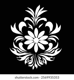 Floral Design A classic black and white floral design element featuring elegant, curved leaves and intricate detailing. Ornamental Perfect for use in decorative borders, logos