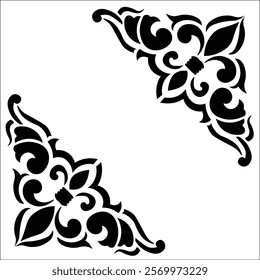 Floral Design A classic black and white floral design element featuring elegant, curved leaves and intricate detailing. Ornamental Perfect for use in decorative borders, logos