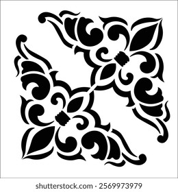 Floral Design A classic black and white floral design element featuring elegant, curved leaves and intricate detailing. Ornamental Perfect for use in decorative borders, logos