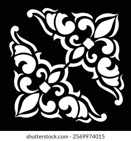 Floral Design A classic black and white floral design element featuring elegant, curved leaves and intricate detailing. Ornamental Perfect for use in decorative borders, logos