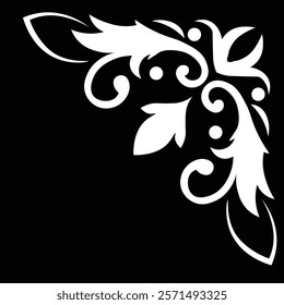 Floral Design A classic black and white floral design element featuring elegant, curved leaves and intricate detailing. Ornamental Perfect for use in decorative borders, logos