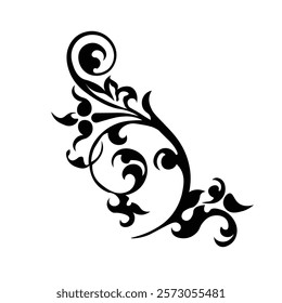 Floral Design A classic black and white floral design element featuring elegant, curved leaves and intricate detailing. Ornamental Perfect for use in decorative borders, logos