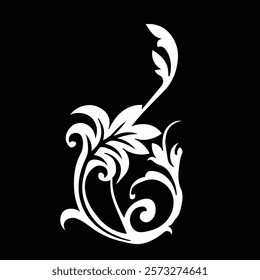 Floral Design A classic black and white floral design element featuring elegant, curved leaves and intricate detailing. Ornamental Perfect for use in decorative borders, logos