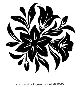 Floral Design A classic black and white floral design element featuring elegant, curved leaves and intricate detailing. Ornamental Perfect for use in decorative borders, logos