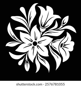 Floral Design A classic black and white floral design element featuring elegant, curved leaves and intricate detailing. Ornamental Perfect for use in decorative borders, logos