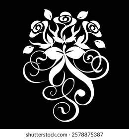 Floral Design A classic black and white floral design element featuring elegant, curved leaves and intricate detailing. Ornamental Perfect for use in decorative borders, logos