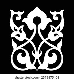 Floral Design A classic black and white floral design element featuring elegant, curved leaves and intricate detailing. Ornamental Perfect for use in decorative borders, logos